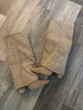 Taupe Suede Western Knee-High Boots with Studded Embroidery